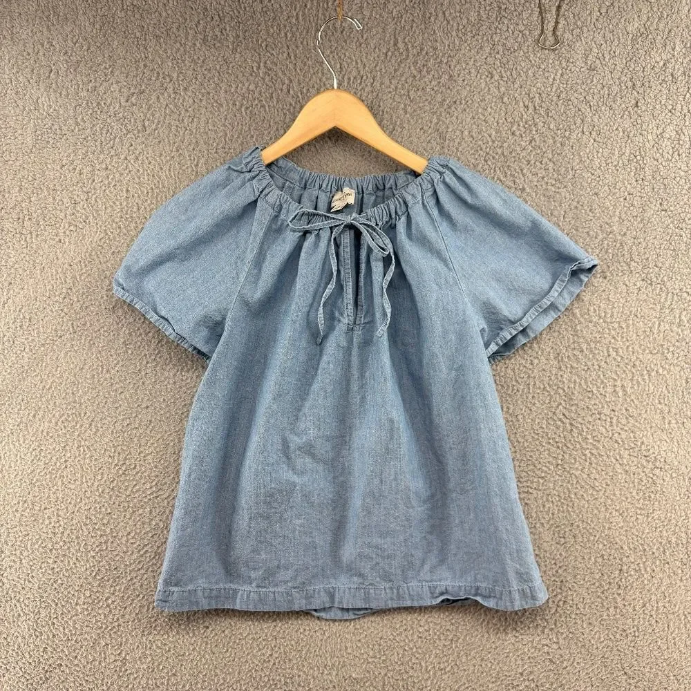 J. Crew Tie-Neck Chambray Ruched Top In Cranbury Blue Size Small - Picture 2 of 9